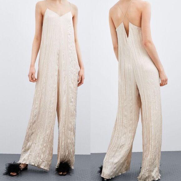 Zara Pants - Zara Cream V-neck Halter Cross Back Satin Crinkle Straight Leg Jumpsuit Medium
